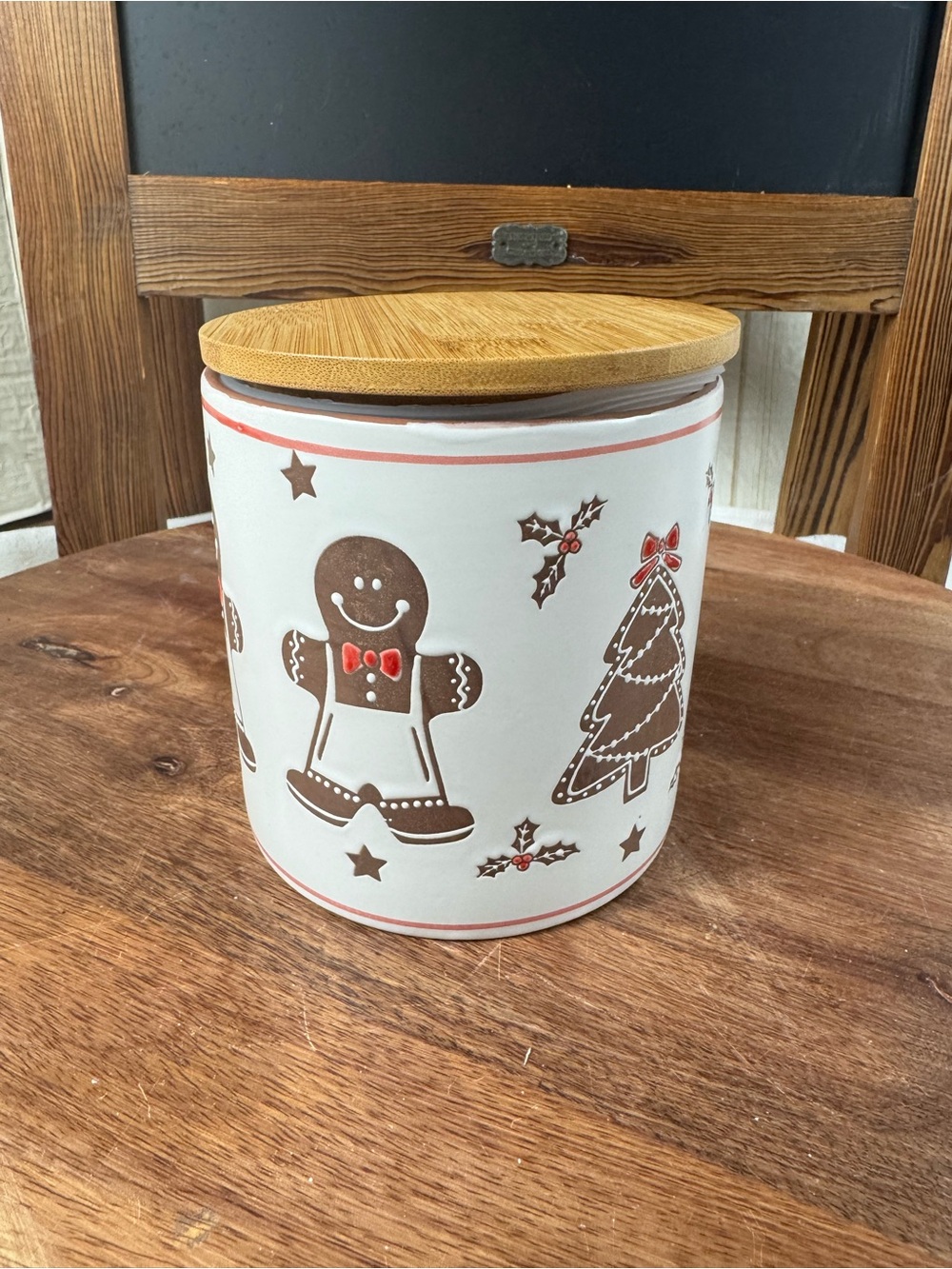 Unique Spectrum Gingerbread 5” iCeramic Canister with Bamboo Lid - White, Brow.